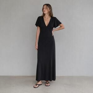 Matteau Short Sleeve Bias Dress Womens 3/US6 Black 100% Silk Midi Maxi